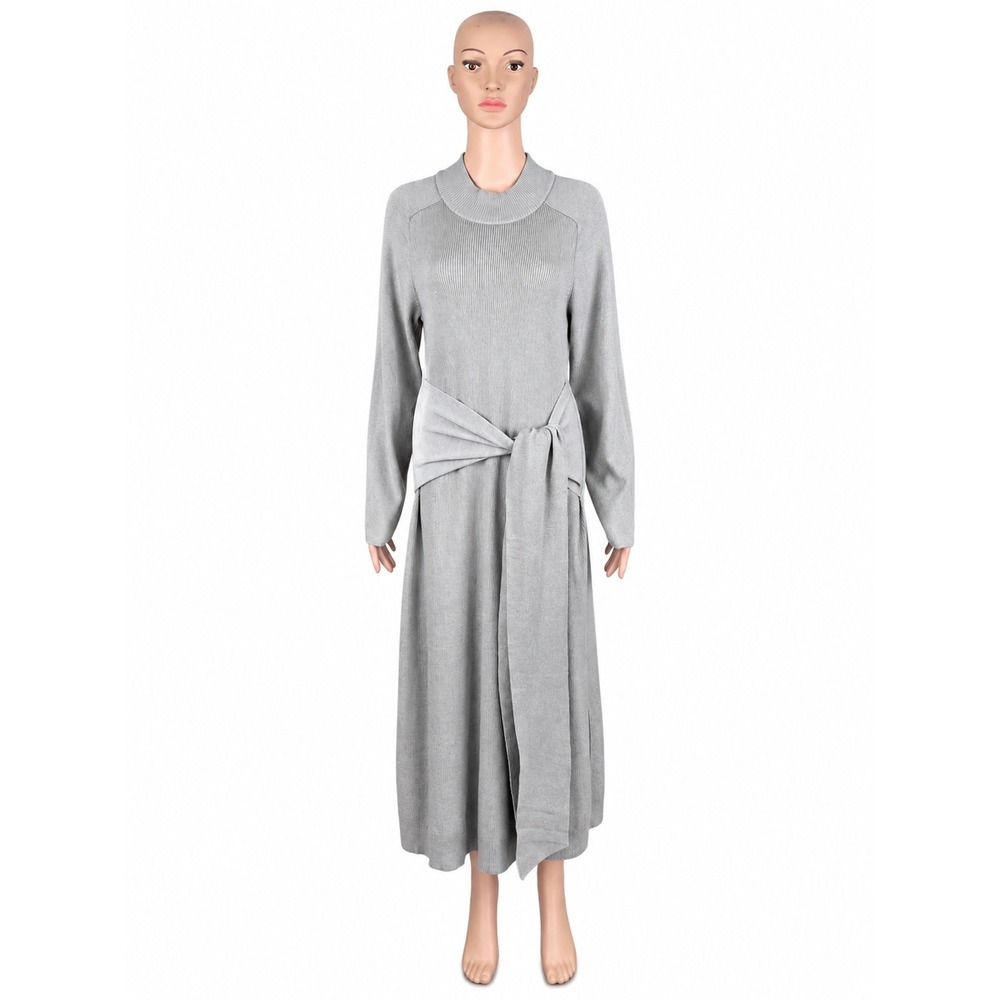 Modern Citizen L Gray Ribbed Knit Tie Waist Maxi Sweater Dress